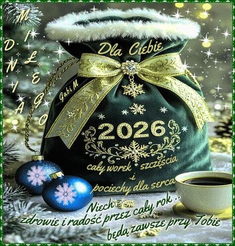 Zielony worek prezentowy z napisem 2026, z�ot� kokard�, bombkami oraz fili�ank� kawy