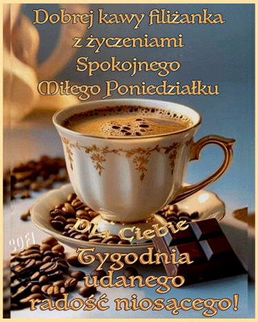 Elegancka fili�anka z aromatyczn� kaw� na spodku, ziarna kawy, kostki czekolady i z�ote napisy powitalne