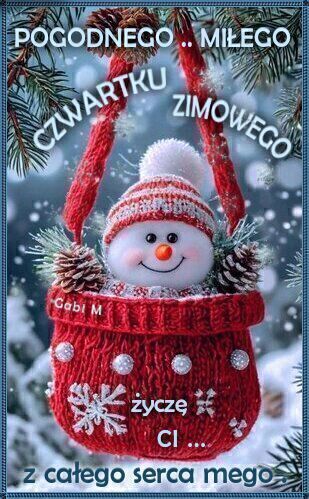 U�miechni�ty ba�wanek w czapce siedzi w czerwonej plecionej torbie w�r�d ga��zek z szyszkami i napisy