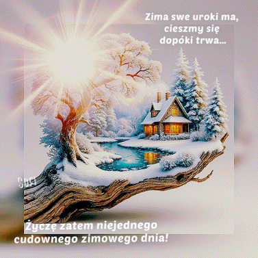 Zimowy krajobraz z o�nie�onym domkiem, strumieniem i drzewem na konarze oraz napisem z �yczeniami