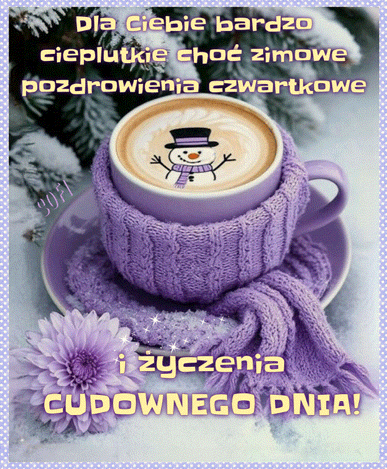 Fili�anka kawy w fioletowym sweterku, ba�wanek w piance, ga��� �wierku i zimowe pozdrowienia
