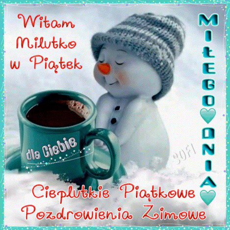 Ba�wank w czapce z fili�ank� gor�cej kawy i napisami Witam milutko w pi�tek