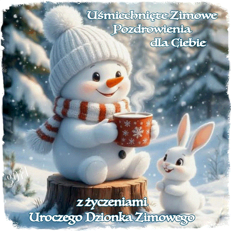 Ba�wan w czapce i szaliku pije gor�cy nap�j obok siedz�cego kr�lika w �niegu