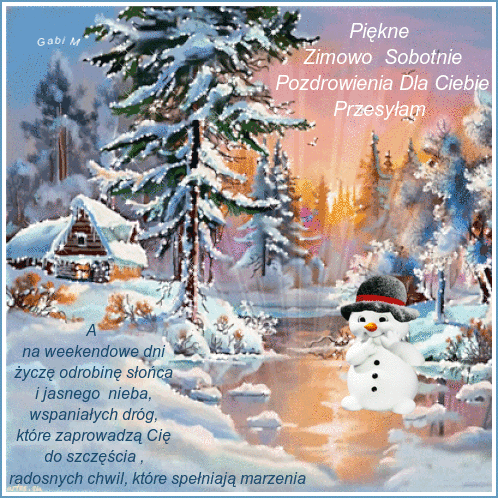 Zimowy krajobraz ze �niegiem, o�nie�onym domkiem, rzek� i u�miechni�tym ba�wankiem w kapeluszu oraz napisem pozdrowie�