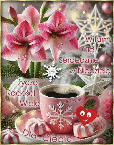 R�owe amarylisy w wazonie, fili�anka kawy z piank� i s�odycze na �wi�tecznym tle