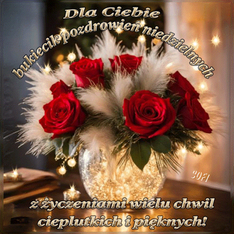 Szklana waza pe�na czerwonych r� i puszystych traw ozdobiona �wiate�kami z napisem pozdrowie�