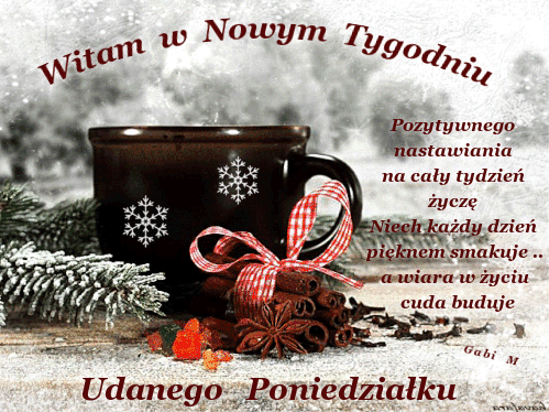 Czarny kubek z p�atkami �niegu, cynamon, ga��zki �wierku, czerwona kokarda oraz napisy z �yczeniami