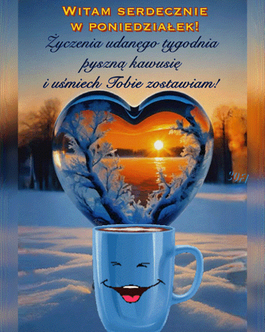 Niebieski kubek z u�miechem na tle zimowego krajobrazu i serca z zachodem s�o�ca