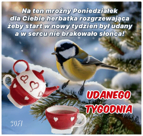 Sikorka siedzi na o�nie�onej ga��zi obok czerwonego dzbanka i fili�anki z napisem udanego tygodnia