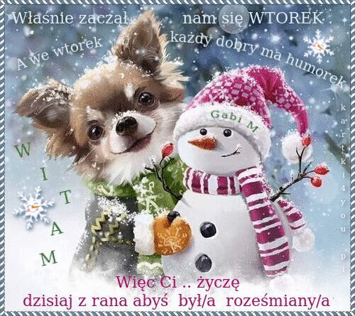 Ma�y piesek w szaliku i u�miechni�ty ba�wan w r�owej czapce na zimowym tle z napisem