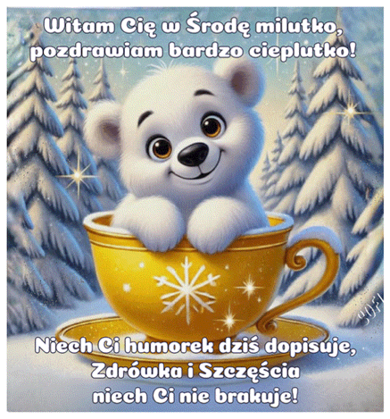 U�miechni�ty bia�y nied�wiadek w ��tej fili�ance na tle o�nie�onego lasu i napis pozdrowienia