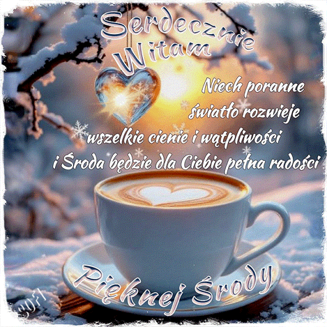 Fili�anka kawy na �niegu z napisem Serdecznie witam i �yczeniem pi�knej �rody