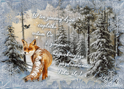 Zimowy las ze �niegiem, lis na pierwszym planie oraz napis z pozdrowieniami w ramce z p�atk�w �niegu