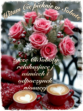 Bukiet r�, fili�anki kawy z piank� w kszta�cie serc oraz napis powitalny