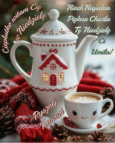 Bia�y dzbanek z domkiem, fili�anka kawy z twarz�, czerwony szal i napisy w niedziel�