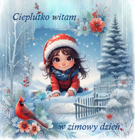 Dziewczynka w czerwonej czapce miko�ajowej, czerwony ptak, za�nie�ony las, napis Cieplutko witam w zimowy dzie�