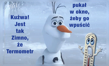 Ba�wan Olaf i przera�ony, zamarzni�ty termometr z napisem o zimnie na tle zamieci �nie�nej