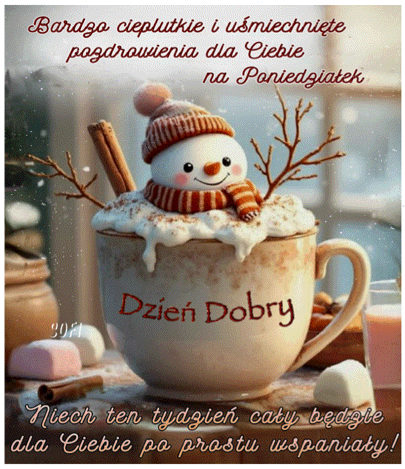 Ma�y ba�wank w czapce i szaliku wystaje z kubka z napisem Dzie� Dobry