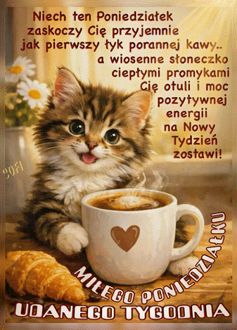 U�miechni�ty kotek z fili�ank� kawy, rogalikiem i �yczeniami mi�ego poniedzia�ku i udanego tygodnia