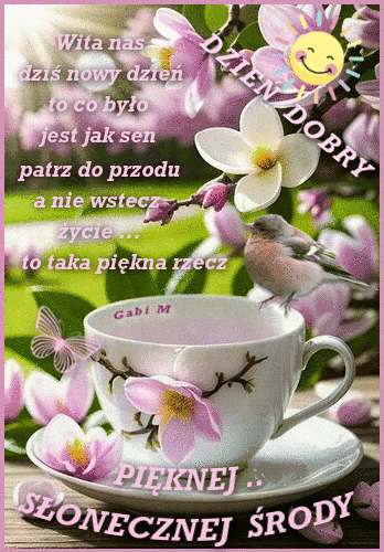 Fili�anka kawy z ptaszkiem, r�owe kwiaty magnolii, motyl oraz napis Dzie� Dobry i S�onecznej �rody