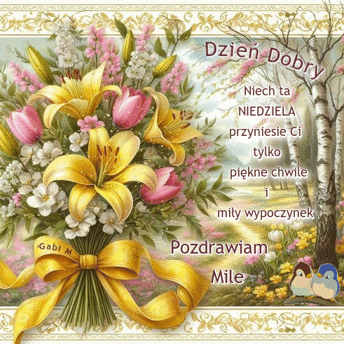 Buket ��tych lilii i r�owych tulipan�w przewi�zany wst��k�, brzozowy las oraz �yczenia na niedziel�