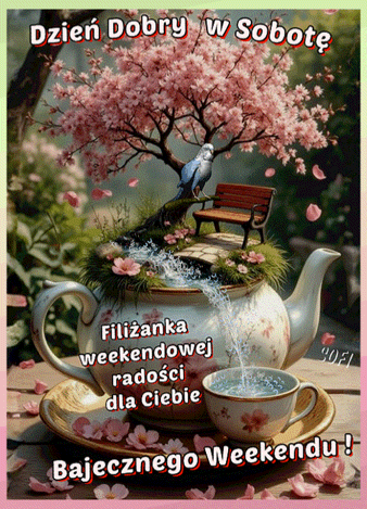 Czajniczek z kwitn�cym drzewem, �awk�, niebiesk� papug� i fili�ank�, z kt�rej wyp�ywa woda, z napisami