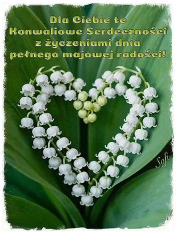 Bia�e kwiaty konwalii u�o�one w kszta�t serca na tle zielonych li�ci z napisem