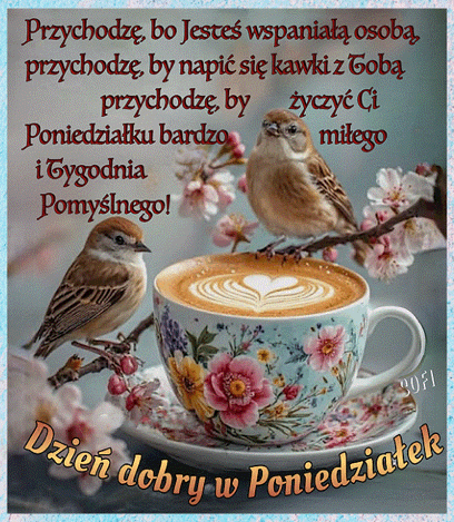 Dwa wr�belki, fili�anka kawy z piank� w kszta�cie serca, ga��zki kwiat�w i napisy