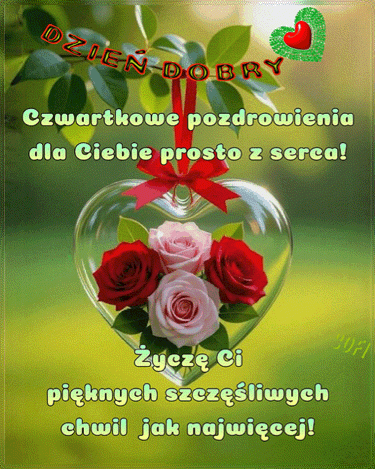 Szklane serce z r�ami zawieszone na wst��ce, z napisem Dzie� dobry na tle przyrody