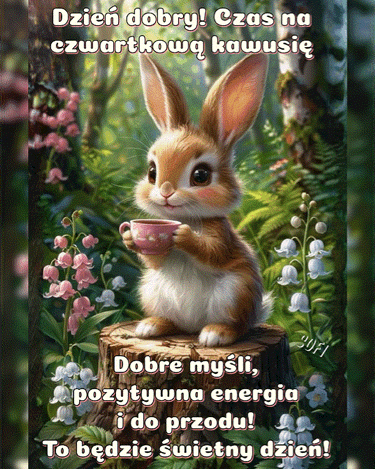 Uroczy kr�liczek pije kaw� w lesie w�r�d konwalii, z napisem o czwartkowej kawusi