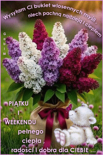Bukiet kolorowego bzu w jutowym worku, bia�y mi� i wiosenny napis z �yczeniami