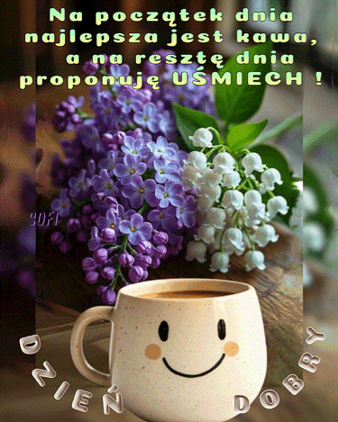 Be�owy kubek z u�miechem, kawa, fioletowy bez i konwalie oraz napisy z �yczeniami dzie� dobry
