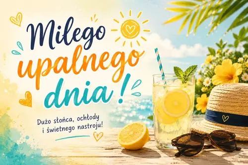 Letni krajobraz z napisem Mi�ego upalnego dnia, s�omkowym kapeluszem, okulariami przeciws�onecznymi i szklank� lemoniady