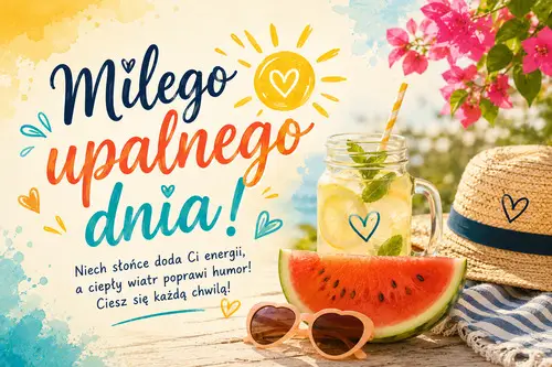Letni s�o�ce, lemoniada, arbuz, s�omkowy kapelusz, okulary przeciws�oneczne i napis Mi�ego upalnego dnia