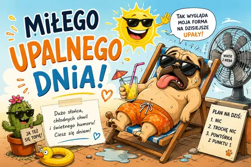Mops w okularach przeciws�onecznych le�y na le�aku obok wiatraka, kaktus i s�o�ce