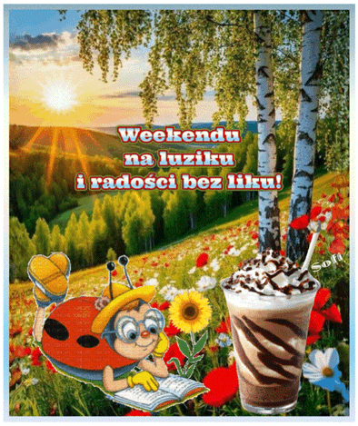 Słoneczny krajobraz z brzozami, czytająca Biedronka, deser kawowy i napis Weekend u luziku