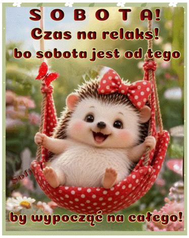 Uśmiechnięty jeżyk w czerwonej kokardce huśta się w czerwonym hamaku w kropki wśród kwiatów