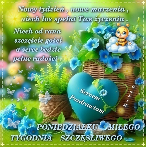 Niebieskie kwiaty, wiklinowy koszyk, serce z napisem Sercem Pozdrawiam, pszczółka na chmurce i motyle