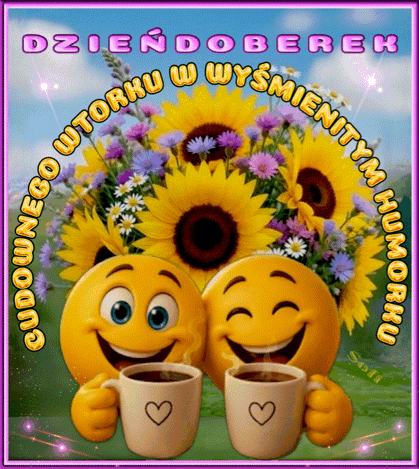 Dwa uśmiechnięte emoji piją kawę na tle słoneczników z napisem Dzień dobry we wtorek