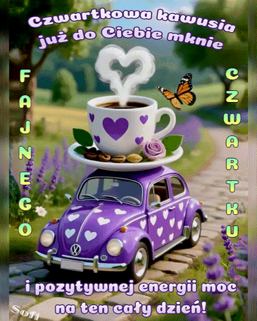 Fioletowy Garbus z filiżanką kawy na dachu, motyl i lawenda oraz napis Czwartkowa kawusia