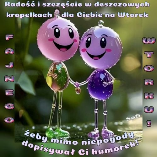 Dwie uśmiechnięte szklane postacie trzymają się za ręce w deszczowy wtorek z napisem
