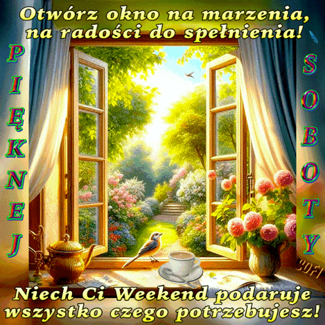 Otwwarte okno z widokiem na słoneczny ogród, ptaszek, filiżanka kawy i napisy z życzeniami