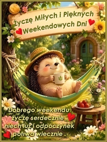 U�miechni�ty je� w kapeluszu wypoczywa w hamaku z kubkiem kawy, w otoczeniu kwiat�w i napis�w