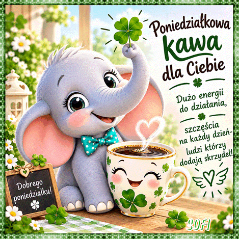 Kartka  Na poniedzia�ek s�onik na szcz�cie i pyszna kawa