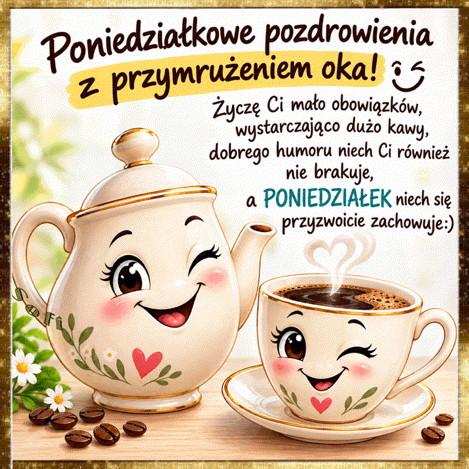 U�miechni�ty dzbanek i fili�anka z kawiorem oraz napisy z poniedzia�kowymi pozdrowieniami i �yczenia kawy
