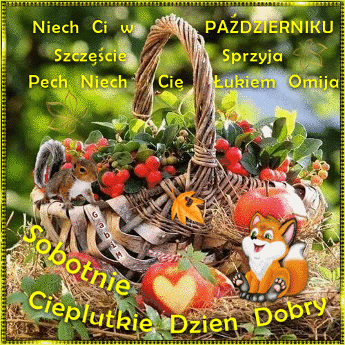 Wiklinowy kosz z leśnymi owocami, wiewiórka, lisek, jabłka oraz październikowe życzenia