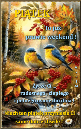 Jesienna e-kartka z napisem Pi�tek przedstawiaj�ca dwa ptaki na ga��zce jarz�biny
