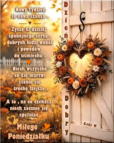 Jesienny wianuszek w kszta�cie serca wisz�cy na bia�ych drzwiach z napisem Dzie� dobry