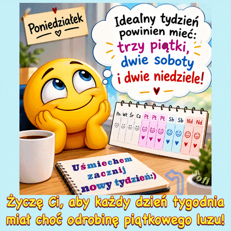 ��te emoji z fili�ank� kawy patrzy na kalendarz z napisem o idealnym tygodniu