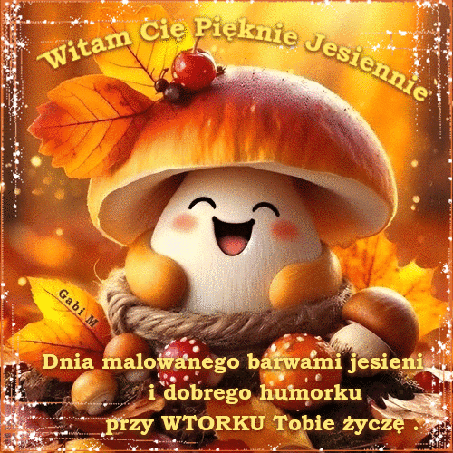 U�miechni�ty grzybek z kapeluszem jak borowik w otoczeniu jesiennych li�ci i z�otych napis�w